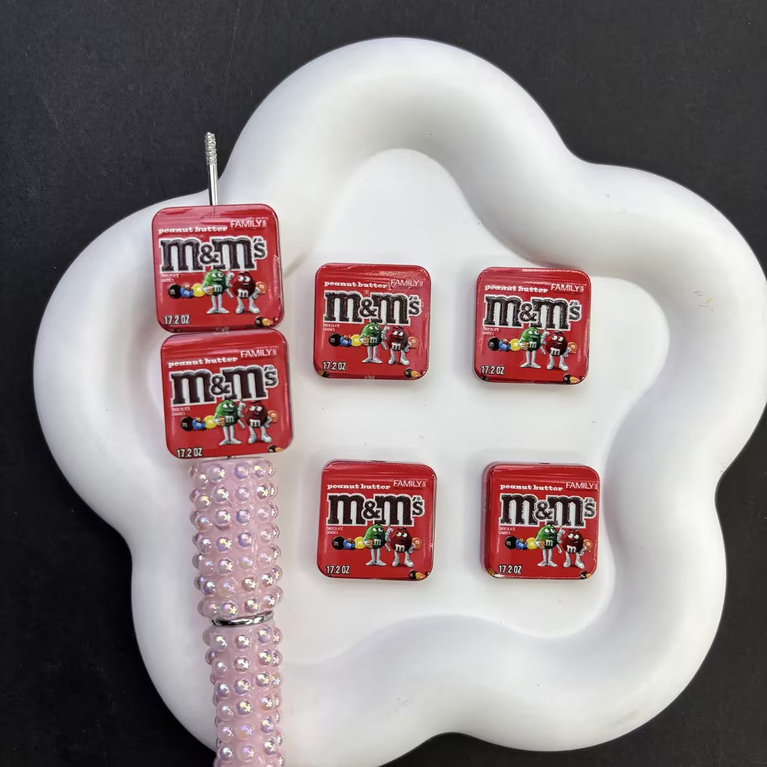 Classic Candy Parody "M&M's" Peanut Butter Silicone Focal Beads - Red Square Chocolate Bag Large Hole Acrylic Charms for DIY Beadable Pens, Keychains & Craft Supplies