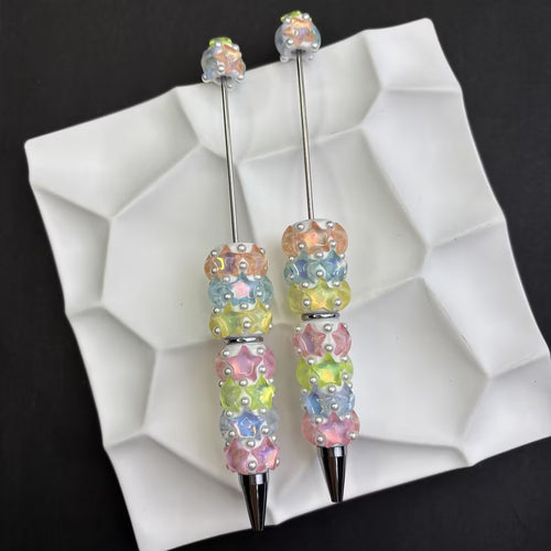 Pastel Iridescent Star Pearl Beadable Pens, Cute Rainbow AB Coating Star Ballpoint Pen, Kawaii Stationery Fancy Office School Supplies Gift for Girls