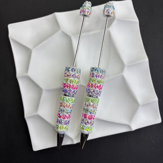 Handcrafted Rainbow Iridescent Pinwheel Pearl Beadable Pen — Luxury Kaleidoscope Shimmer Fancy Ballpoint Pen