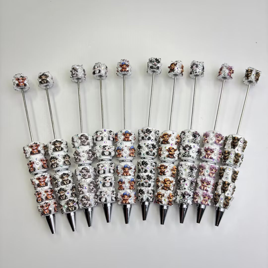 Western Cow Series Bling Beadable Pens — Assorted Cowboy Hat Highland Cow & Spotted Heifer Luxury Ballpoint Pen Set