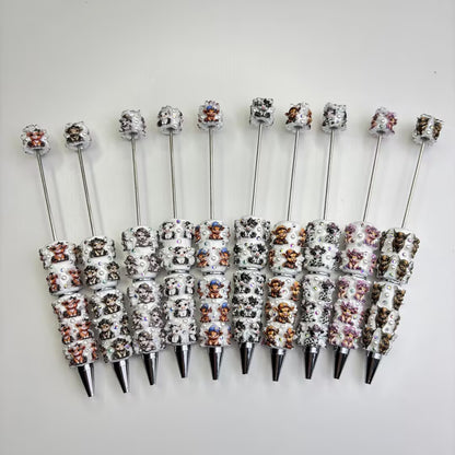 Western Cow Series Bling Beadable Pens — Assorted Cowboy Hat Highland Cow & Spotted Heifer Luxury Ballpoint Pen Set