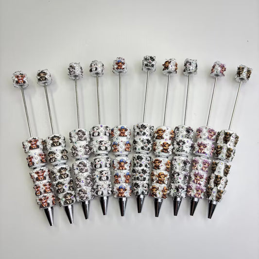 Western Cow Series Bling Beadable Pens — Assorted Cowboy Hat Highland Cow & Spotted Heifer Luxury Ballpoint Pen Set
