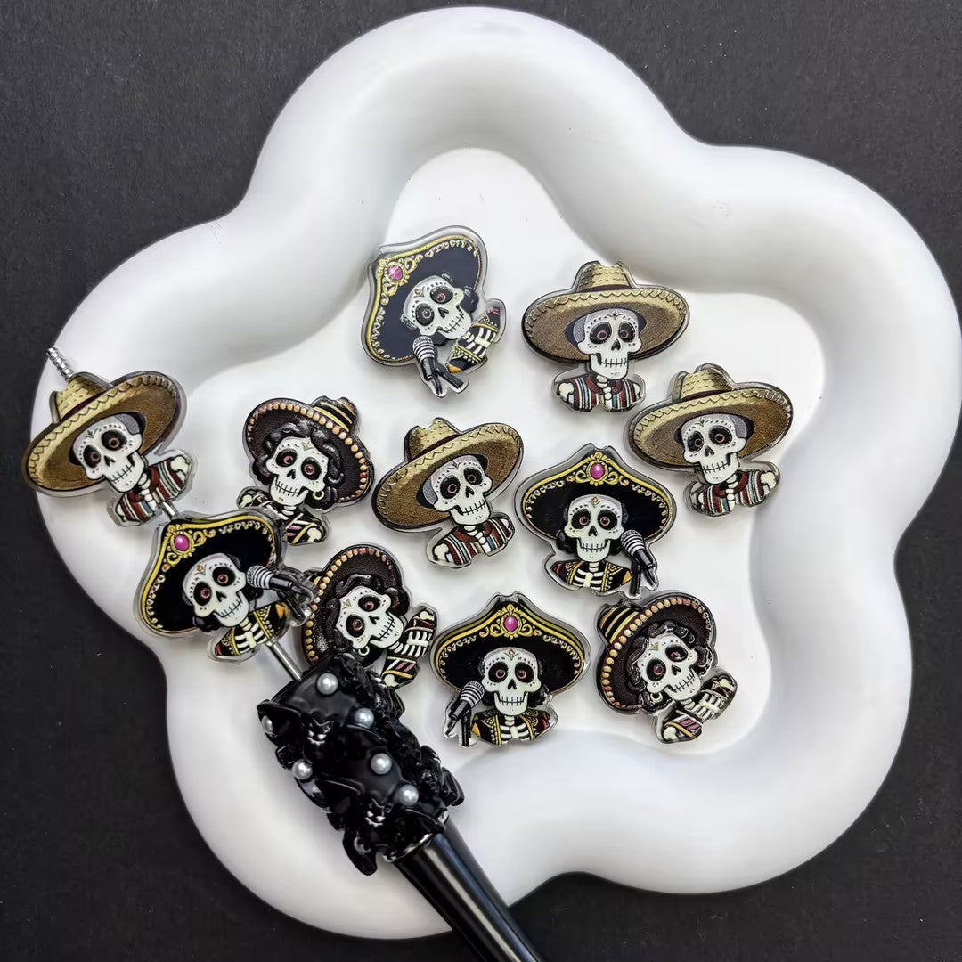 Mixed Day of the Dead Focal Beads for Beadable Pens, Cute Sugar Skull Sombrero Catrina Spacer Beads, DIY Halloween Día de los Muertos Craft Supplies Bulk