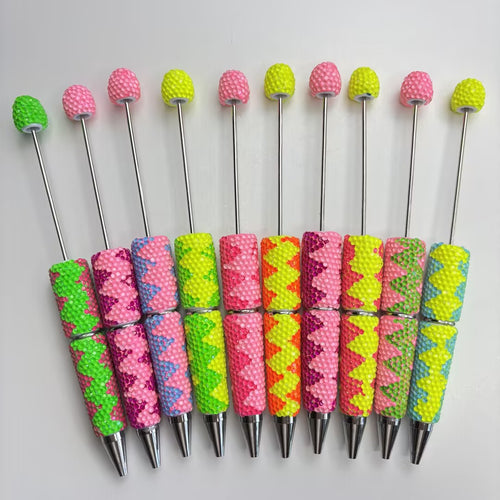 Handcrafted Pavé Rhinestone Chevron Beadable Pen — Luxury Neon Rainbow Zigzag Fancy Custom Ballpoint Pen Set