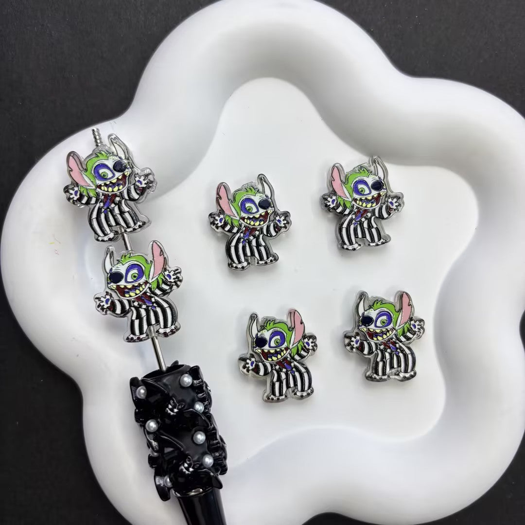 Mixed Spooky Stitch Halloween Focal Beads for Beadable Pens, Cute Pumpkin & Beetlejuice Stitch Spacer Beads, DIY Ghostly Cartoon Keychain Craft Supplies Bulk