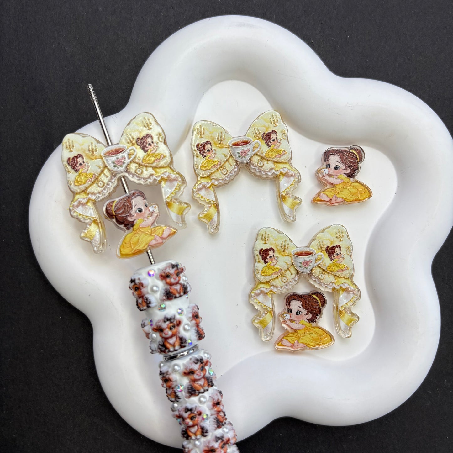 Romantic Princess Belle Focal Beads Set — Interchangeable Lace Bow Wreath & Chibi Tea Party Charms Large Hole Resin Beads for DIY Pens