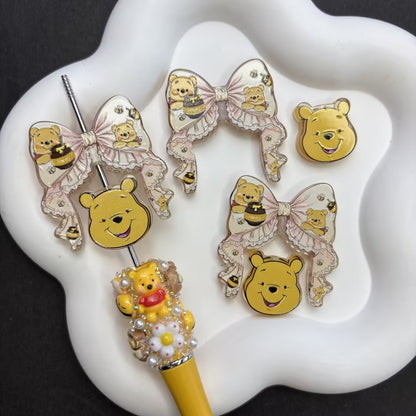 Sweet Honey Pooh Bear Focal Beads Set — Interchangeable Lace Ribbon Wreath & Chibi Bear Charms Large Hole Resin Beads for DIY Pens