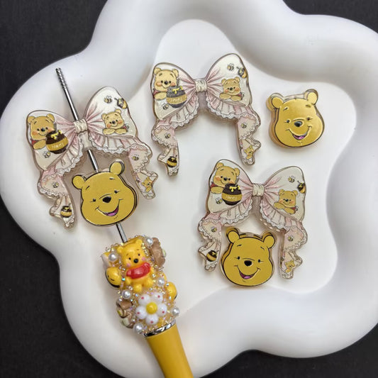 Sweet Honey Pooh Bear Focal Beads Set — Interchangeable Lace Ribbon Wreath & Chibi Bear Charms Large Hole Resin Beads for DIY Pens