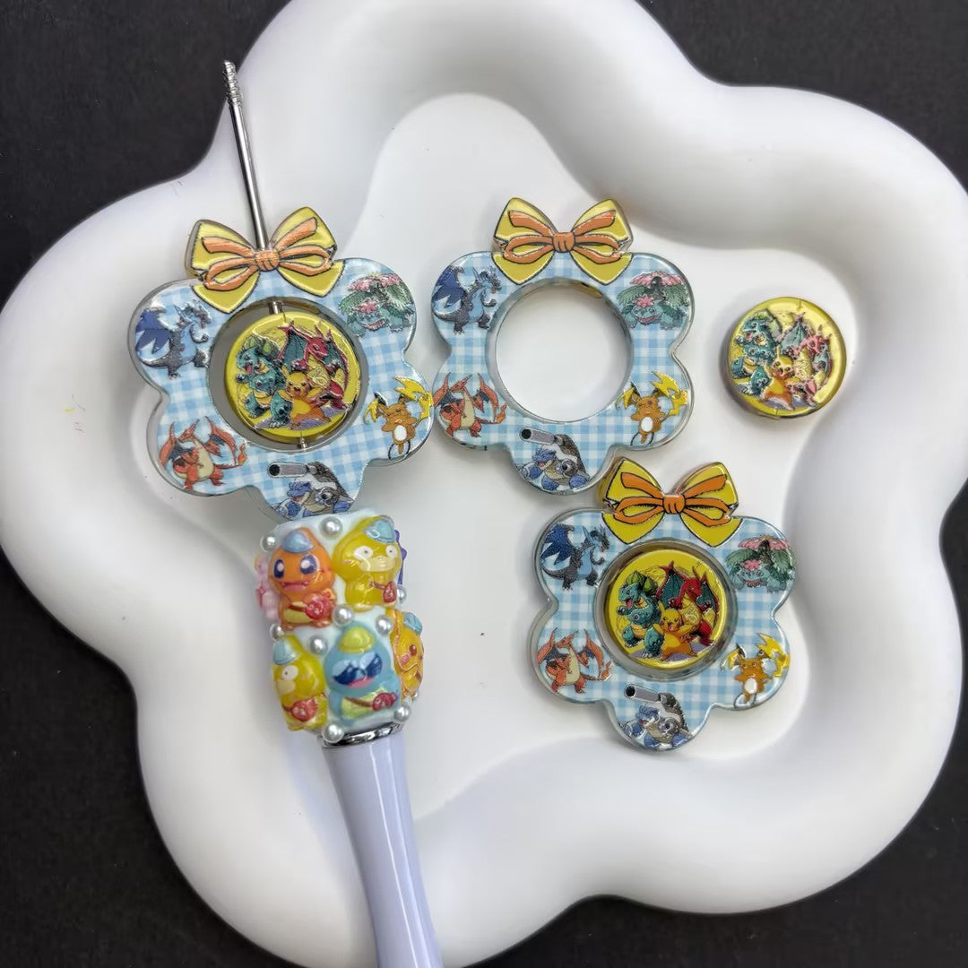 Classic Pocket Monster Focal Beads Set — Interchangeable Blue Gingham Wreath & Pikachu Charizard Charms Large Hole Resin Beads for DIY Pens