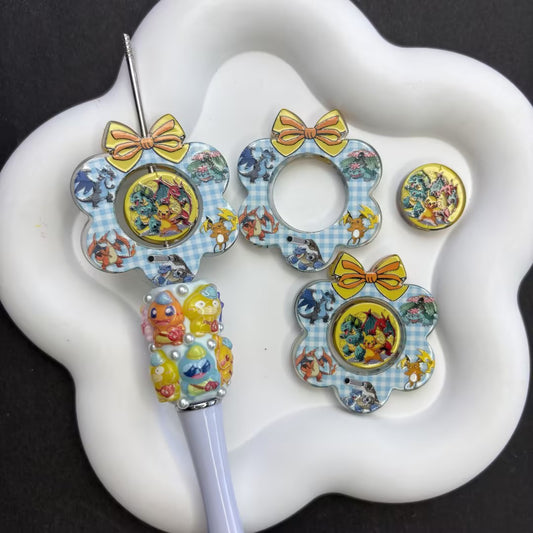 Classic Pocket Monster Focal Beads Set — Interchangeable Blue Gingham Wreath & Pikachu Charizard Charms Large Hole Resin Beads for DIY Pens