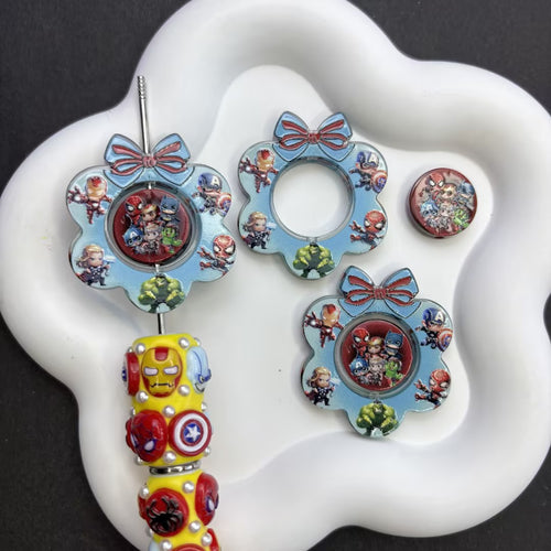 Classic Comic Book Hero Focal Beads Set — Interchangeable Blue Wreath & Chibi Superhero Charms Large Hole Resin Beads for DIY Pens