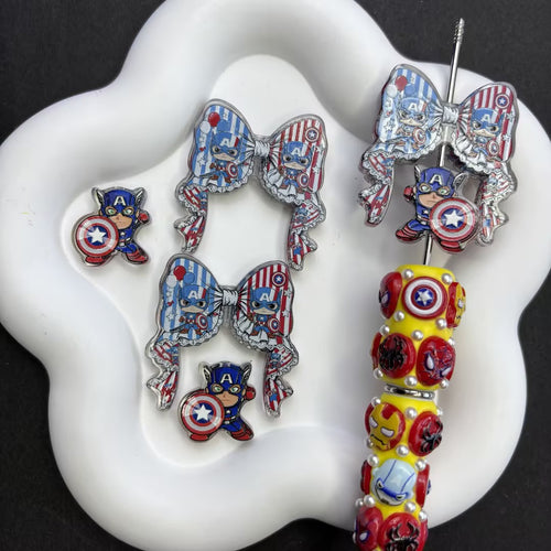 Patriotic Patriotic Hero Focal Beads Set — Interchangeable Red White Blue Lace Bow & Chibi Cap Charms Large Hole Resin Beads for DIY Pens
