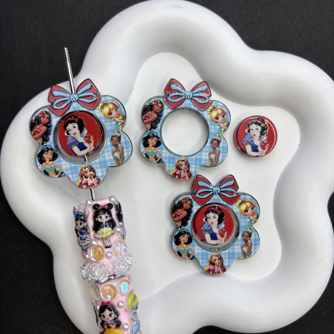 Ultimate Princess Royalty Focal Beads Set — Interchangeable Blue Gingham Wreath & Chibi Snow White Charms Large Hole Resin Beads for DIY Pens