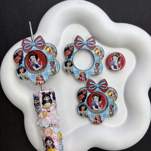 Ultimate Princess Royalty Focal Beads Set — Interchangeable Blue Gingham Wreath & Chibi Snow White Charms Large Hole Resin Beads for DIY Pens