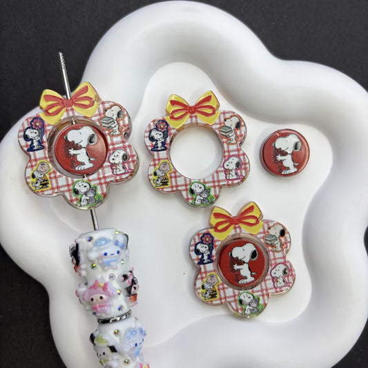 Classic Snoopy Cottagecore Focal Beads Set — Interchangeable Red Plaid Wreath & Chibi Dog Heart Charms Large Hole Resin Beads for DIY Pens