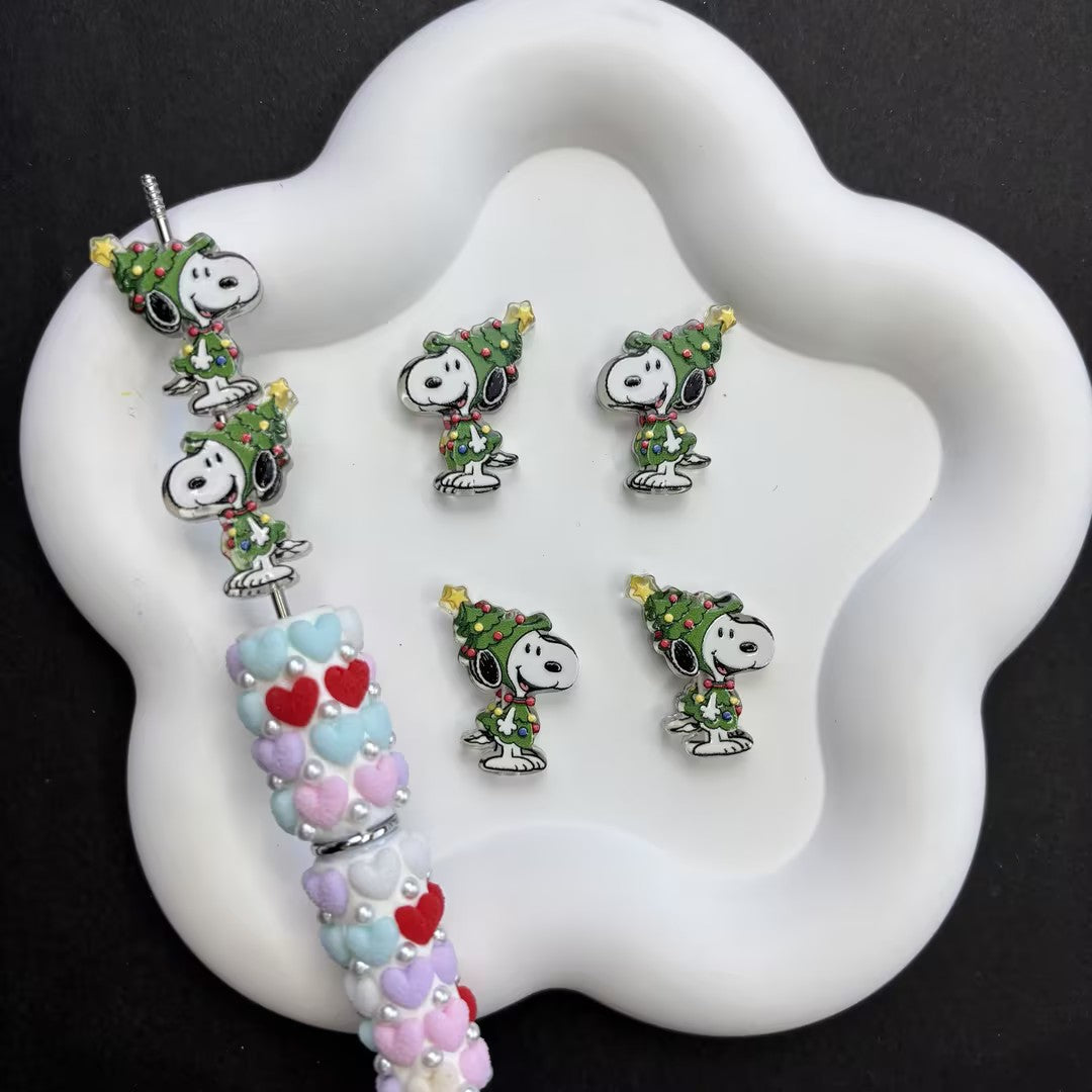 Bulk Christmas Snoopy Christmas Tree Focal Beads for Beadable Pens, Cute Holiday Festive Dog Spacer Beads, DIY Holiday Keychain Badge Reel Craft Supplies Lot