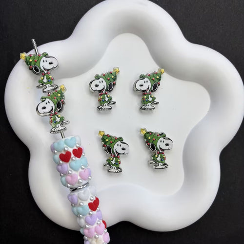 Bulk Christmas Snoopy Christmas Tree Focal Beads for Beadable Pens, Cute Holiday Festive Dog Spacer Beads, DIY Holiday Keychain Badge Reel Craft Supplies Lot