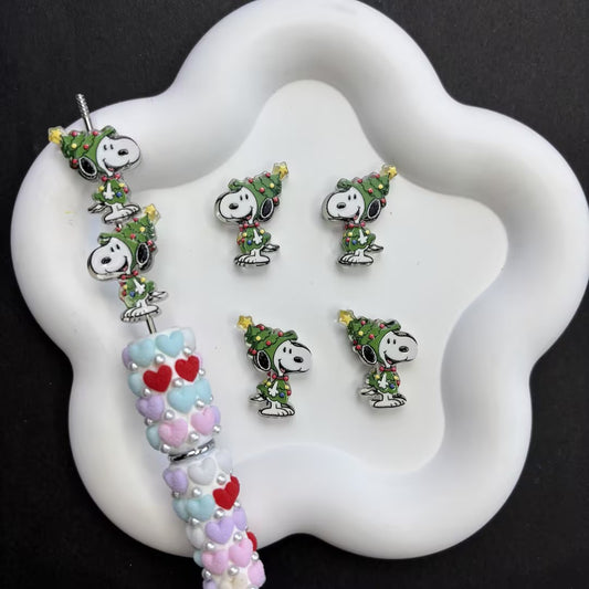 Bulk Christmas Snoopy Christmas Tree Focal Beads for Beadable Pens, Cute Holiday Festive Dog Spacer Beads, DIY Holiday Keychain Badge Reel Craft Supplies Lot