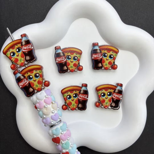 Friday Night Pizza & Coke Focal Beads Lot — Double-Sided Cartoon Junk Food Large Hole Acrylic Beads Wholesale for DIY Pens