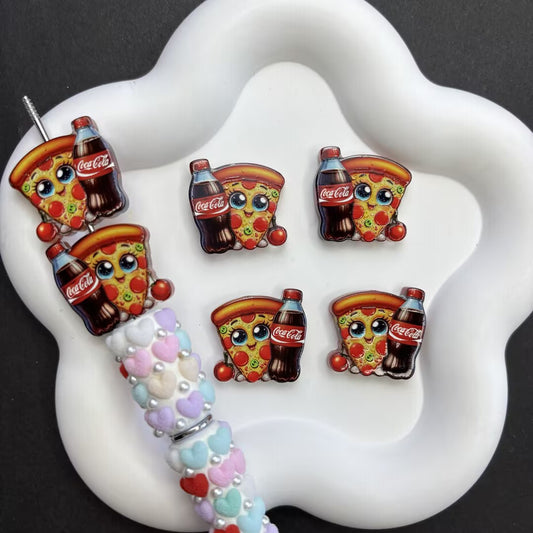 Friday Night Pizza & Coke Focal Beads Lot — Double-Sided Cartoon Junk Food Large Hole Acrylic Beads Wholesale for DIY Pens