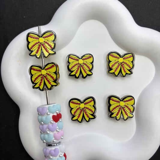 Coquette Sports Softball Bow Focal Beads Lot — Neon Yellow & Red Stitching Large Hole Acrylic Ribbon Beads Wholesale for DIY Pens