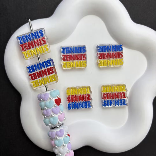 Stacked "TENNIS" Text Focal Beads Lot — Vibrant Sports Aesthetic Large Hole Acrylic Beads Wholesale for DIY Pens & Keychains