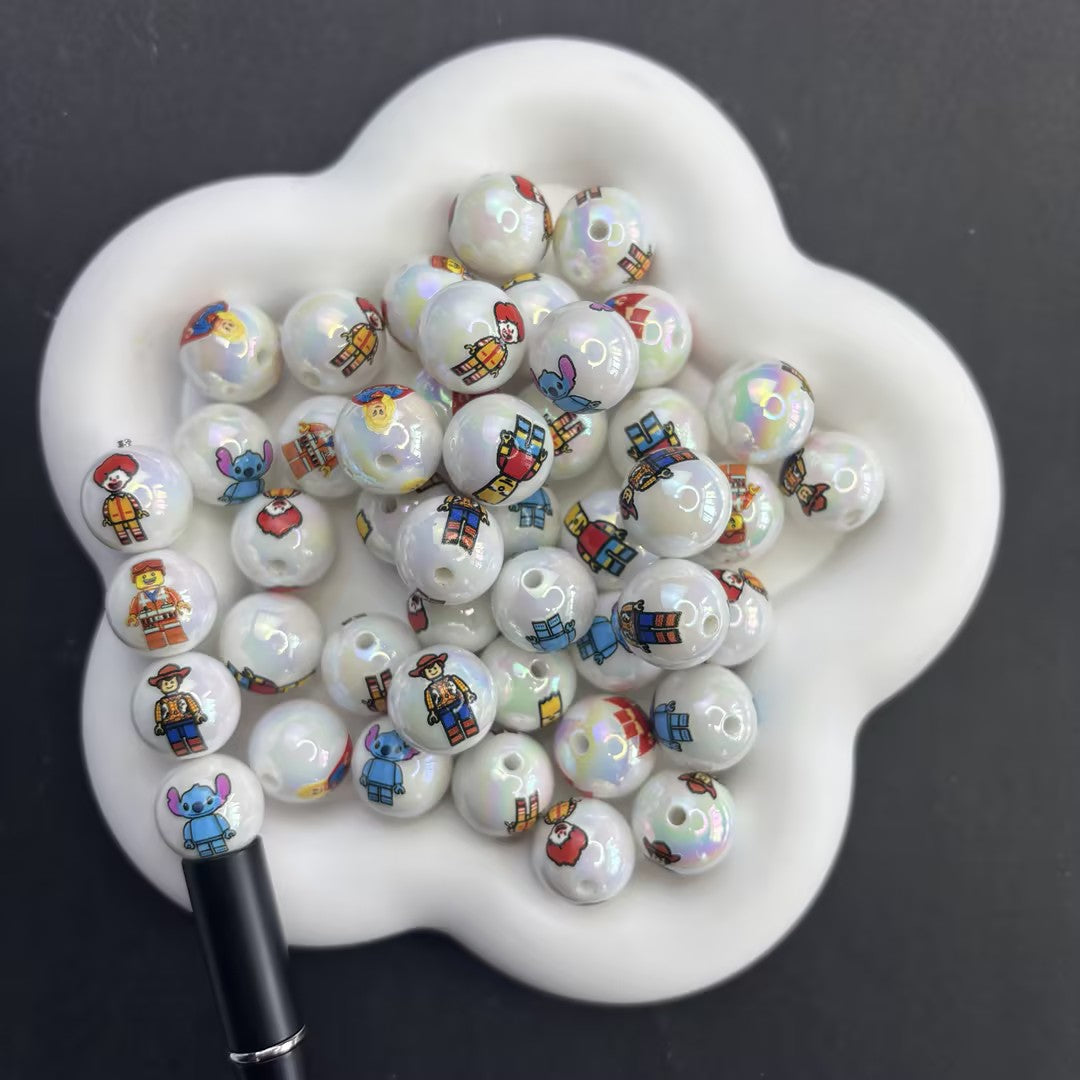 16MM Lego Style Cartoon Minifigure Iridescent Large Hole Beads, 14mm Mermaid Pearl AB Coating Round Spacer Beads for DIY Beadable Pens & Brick Fan Crafts