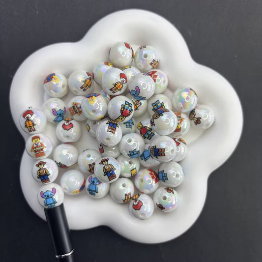 16MM Lego Style Cartoon Minifigure Iridescent Large Hole Beads, 14mm Mermaid Pearl AB Coating Round Spacer Beads for DIY Beadable Pens & Brick Fan Crafts