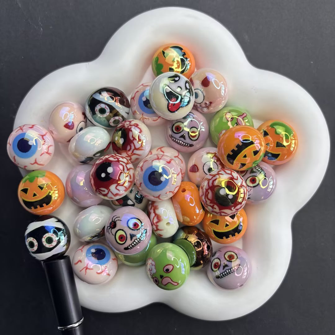 Halloween Pumpkin Jack-O'-Lantern & Bloodshot Eyeball Focal Beads, Iridescent Large Hole Acrylic Beads for Beadable Pen Supplies