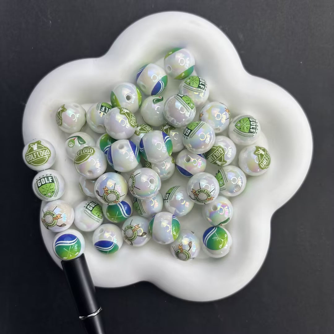 16mm Golf Theme Silicone/Acrylic Beads, Iridescent Pearl Aura Golf Logo Round Beads for Beadable Pens, Sports DIY Keychain Jewelry Making