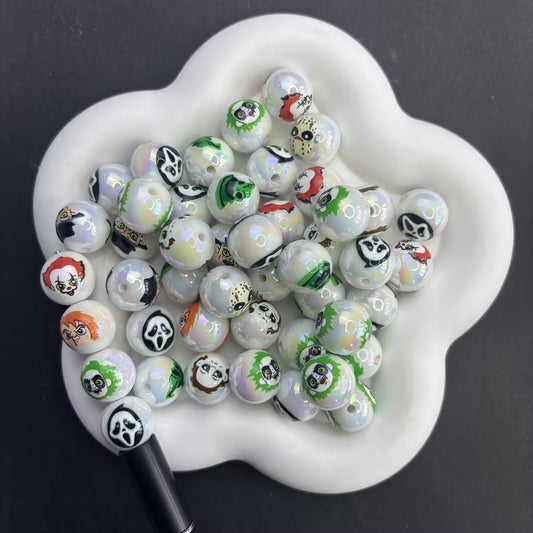 16mm Horror Movie Characters Beads, Iridescent Pearl Aura Spooky Halloween Round Beads for Beadable Pens, Ghostface Chucky DIY Keychain Making