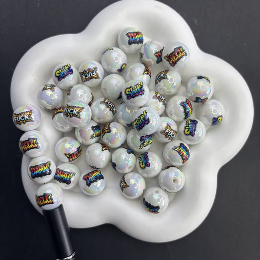 16mm Funny Swear Words Beads, Iridescent Pearl Aura Graffiti Slang Round Beads for Beadable Pens, Rude Slang Acrylic Beads for DIY Keychain