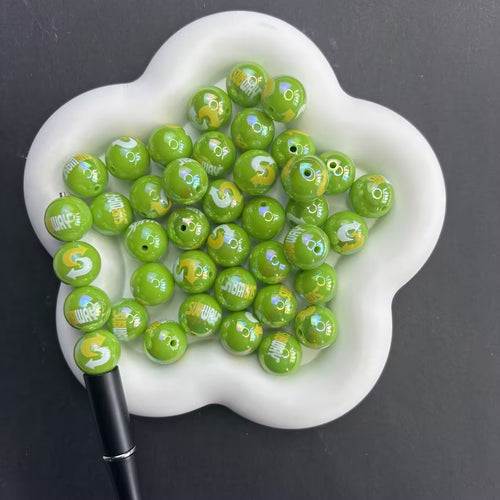 16mm Subway Sandwich Theme Beads, Iridescent Pearl Aura Fast Food Logo Round Beads for Beadable Pens, Green Acrylic Spacer Beads for DIY Keychain