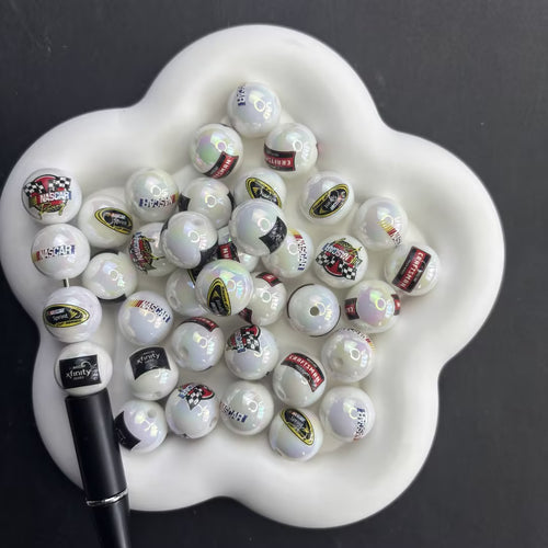 16mm NASCAR Racing Theme Beads, Iridescent Pearl Aura Motorsports Logo Round Beads for Beadable Pens, Car Fan DIY Keychain Accessories