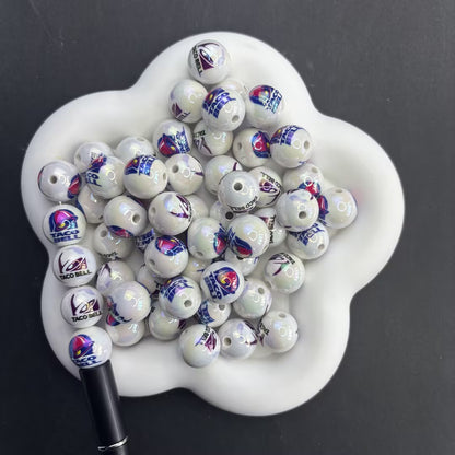 16mm Taco Bell Fast Food Theme Beads, Iridescent Pearl Aura Restaurant Logo Round Beads for Beadable Pens, Foodie DIY Keychain Accessories