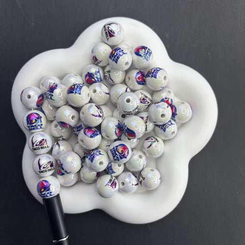 16mm Taco Bell Fast Food Theme Beads, Iridescent Pearl Aura Restaurant Logo Round Beads for Beadable Pens, Foodie DIY Keychain Accessories