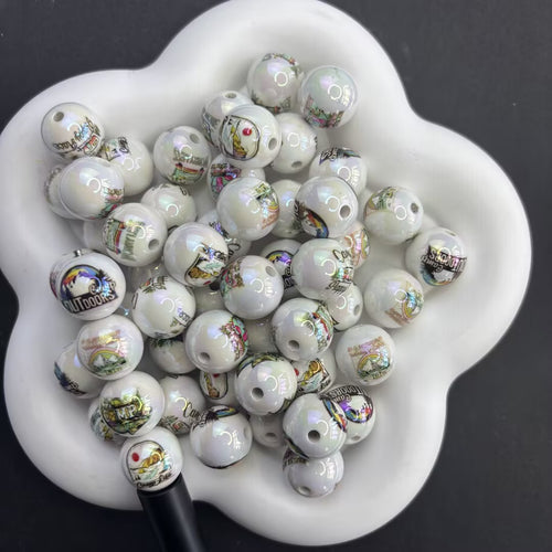16mm Camping Outdoors Theme Beads, Iridescent Pearl Aura Camp Life Round Beads for Beadable Pens, Nature Lover DIY Keychain Accessories