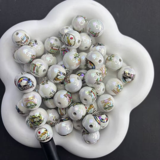 16mm Camping Outdoors Theme Beads, Iridescent Pearl Aura Camp Life Round Beads for Beadable Pens, Nature Lover DIY Keychain Accessories