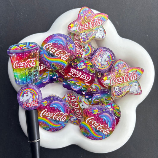 Retro Rainbow Coca-Cola Acrylic Focal Beads, Glitter Iridescent Soda Logo Shape Beads for Beadable Pens, Y2K Aesthetic DIY Keychain Charms