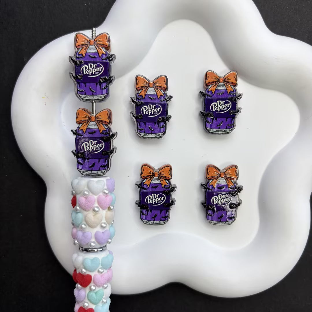 Halloween Dr Pepper Inspired Acrylic Focal Beads for Beadable Pens, Spooky Cute Purple Soda Can Beads with Orange Bow & Bats, DIY Keychain Craft Supplies