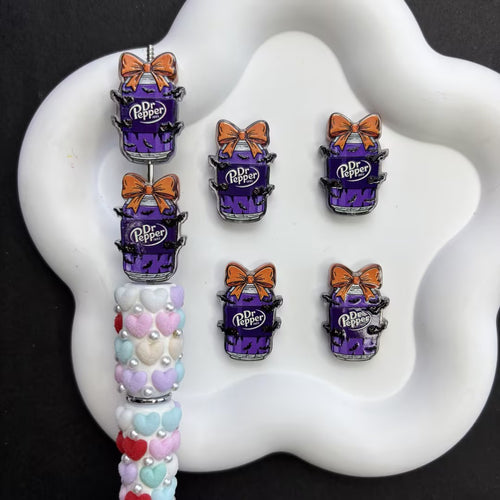 Halloween Dr Pepper Inspired Acrylic Focal Beads for Beadable Pens, Spooky Cute Purple Soda Can Beads with Orange Bow & Bats, DIY Keychain Craft Supplies