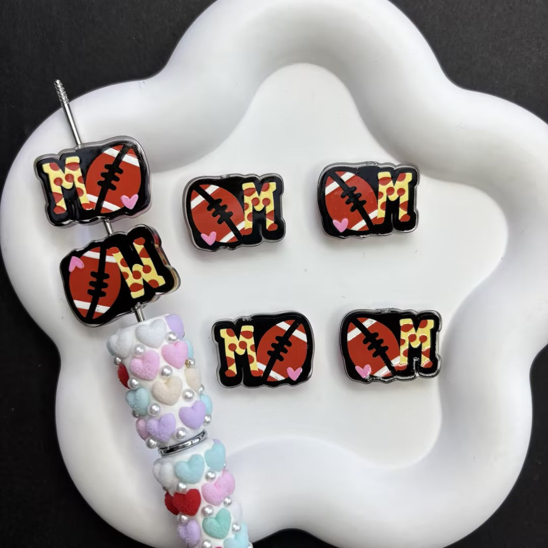 Football Mom Acrylic Focal Beads for Beadable Pens, Leopard Print Game Day Sports Beads, Cute MOM Football Charms for Keychain DIY Crafts