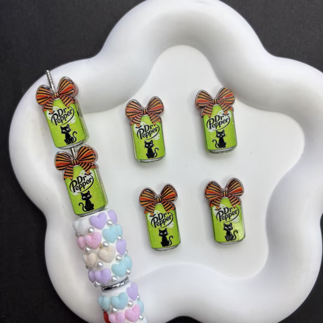 Halloween Dr Pepper Inspired Acrylic Focal Beads for Beadable Pens, Spooky Cute Purple Soda Can Beads with Orange Bow & Bats, DIY Keychain Craft Supplies