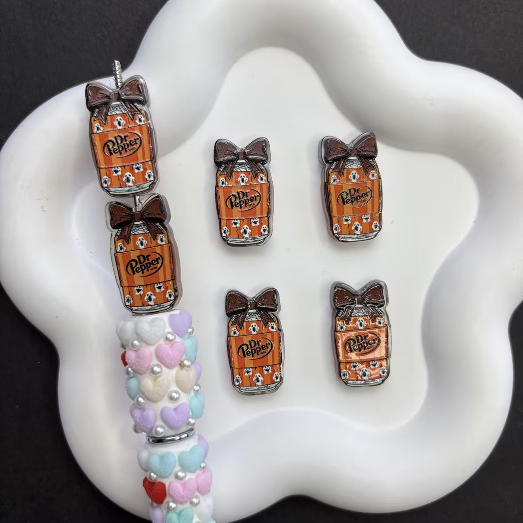 Halloween Dr Pepper Inspired Acrylic Focal Beads for Beadable Pens, Spooky Cute Purple Soda Can Beads with Orange Bow & Bats, DIY Keychain Craft Supplies
