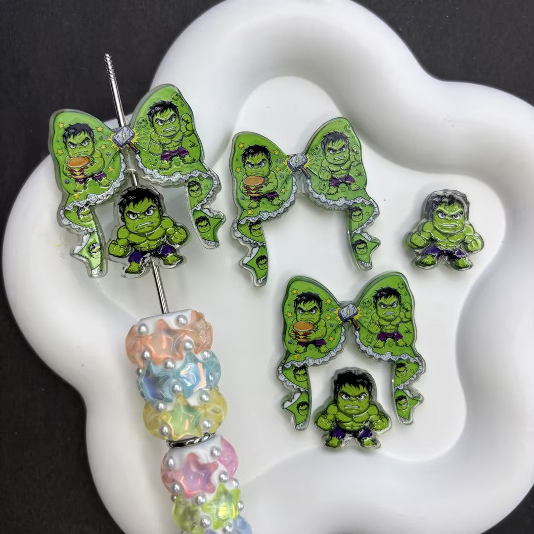 Cute Hulk Inspired Acrylic Focal Beads for Beadable Pens, Kawaii Superhero Bow Glitter Beads, Green Monster Cartoon Character Charms for Keychain DIY Crafts