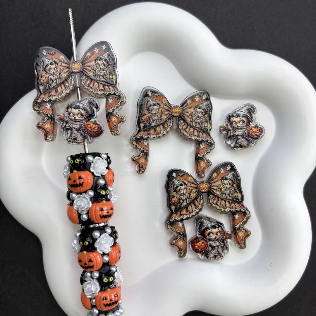 Halloween Goth Coquette Bow & Focal Beads Variety Pack for Beadable Pens, Cute Pumpkin Ghost Skeleton Acrylic Beads Mix, DIY Keychain Charm Supplies