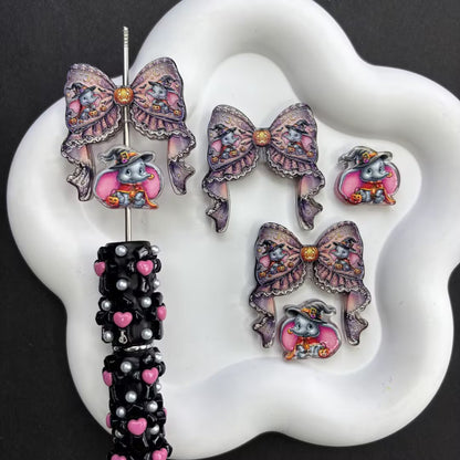 Halloween Goth Coquette Bow & Focal Beads Variety Pack for Beadable Pens, Cute Pumpkin Ghost Skeleton Acrylic Beads Mix, DIY Keychain Charm Supplies