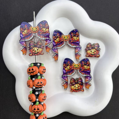 Halloween Goth Coquette Bow & Focal Beads Variety Pack for Beadable Pens, Cute Pumpkin Ghost Skeleton Acrylic Beads Mix, DIY Keychain Charm Supplies