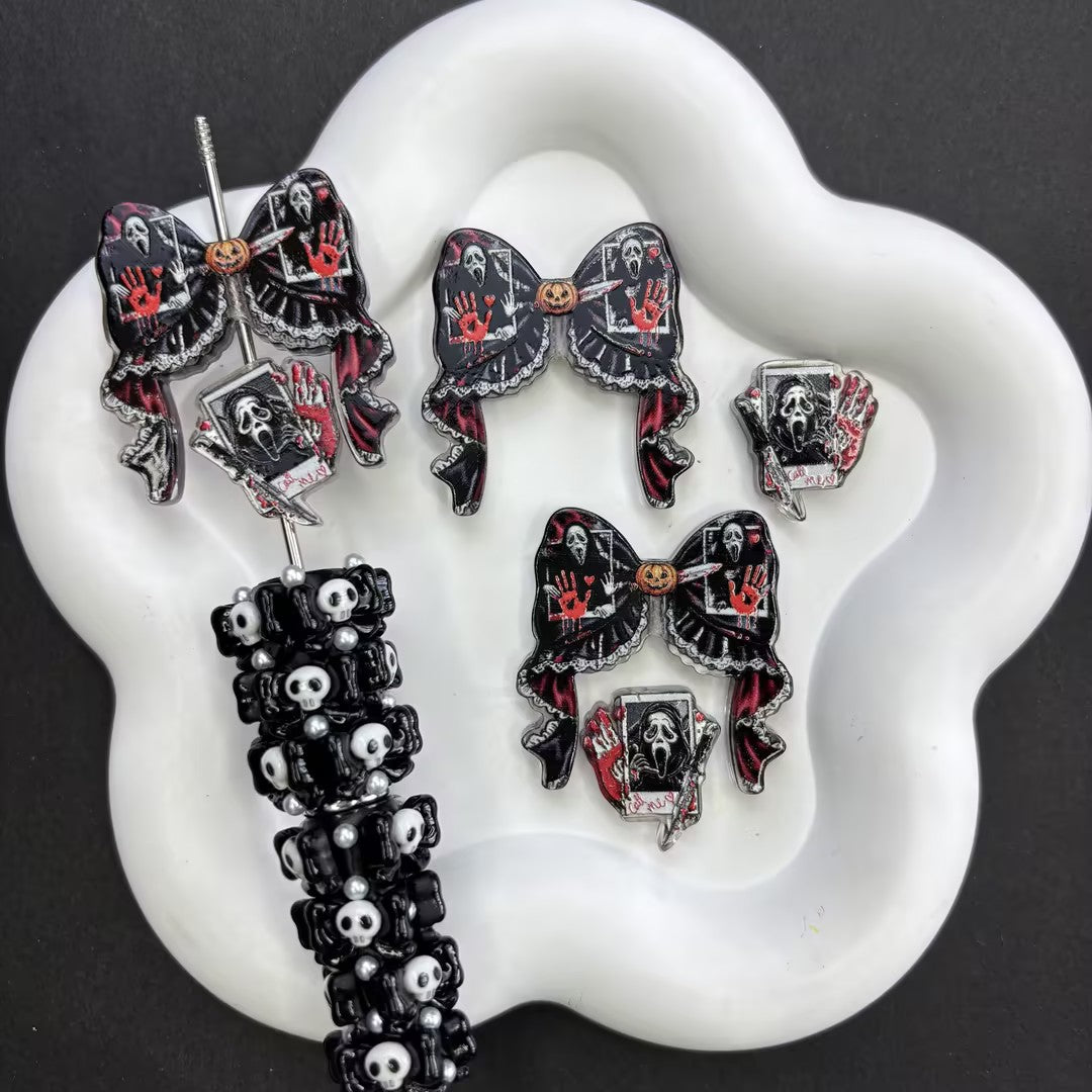 Halloween Goth Coquette Bow & Focal Beads Variety Pack for Beadable Pens, Cute Pumpkin Ghost Skeleton Acrylic Beads Mix, DIY Keychain Charm Supplies
