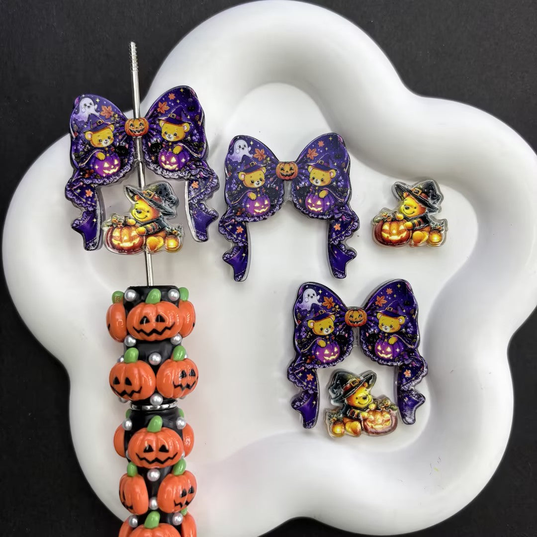 Halloween Goth Coquette Bow & Focal Beads Variety Pack for Beadable Pens, Cute Pumpkin Ghost Skeleton Acrylic Beads Mix, DIY Keychain Charm Supplies